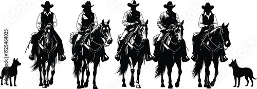 Cowboy silhouettes riding horses collection, western ranch riders with dogs, traditional country lifestyle illustration isolated on white background