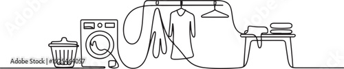 Continuous one line design of laundry room ideas. Minimalist style vector. one line Icon drawing