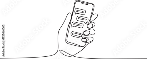 One continuous line design of hand holds the smartphone with messenger application. one line Icon drawing