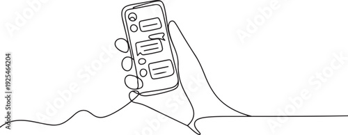 One continuous line design of hand holds the smartphone with messenger application. one line Icon drawing