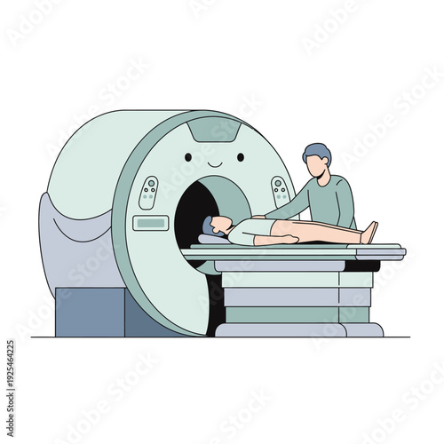 Patient undergoing MRI scan with technician assisting in a modern medical facility