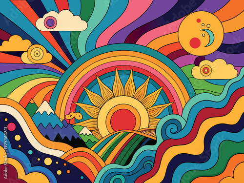 Vibrant Psychedelic Retro Landscape Illustration with Sun, Mountains, and Ocean Waves in 1970s Groovy Style
