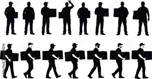 Delivery man silhouettes collection, courier carrying box poses, black logistics worker figures set for shipping, service, vector design