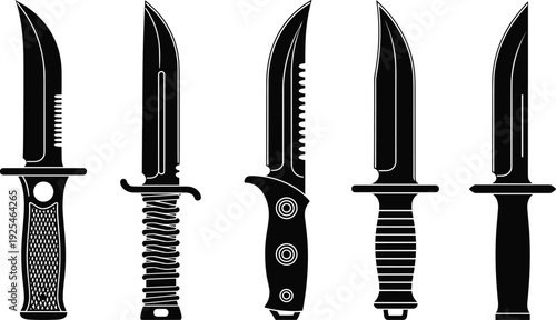Knife silhouettes vector illustration set, tactical and hunting blades collection, black weapon icons isolated on white background