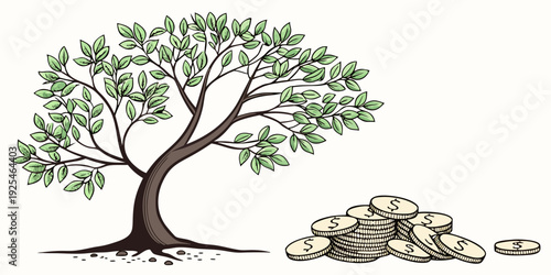 An illustration of a lone tree with scattered fallen leaves beside it.