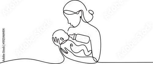 One line continuous of a mother gives milk to her baby using a pacifier. Minimalist style. one line Icon drawing