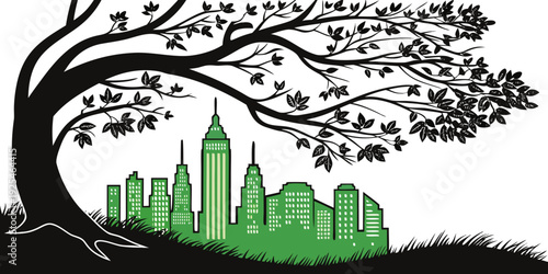 Urban skyline peeking through the branches of a tree with green foliage.