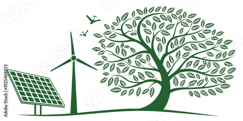 Renewable energy sources harmonizing with nature through solar, wind, and trees.