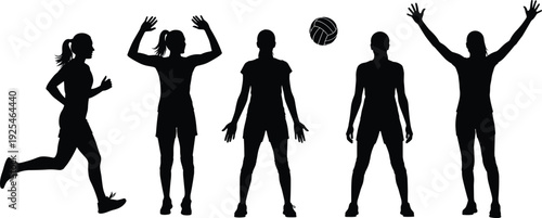 Female athlete silhouettes collection, women playing volleyball and fitness poses, black sports action figures set for training, vector design