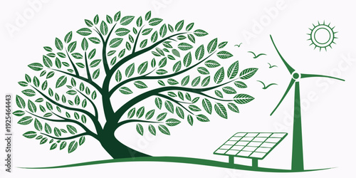 Harmony of nature and renewable energy sources depicted through a tree, wind turbine, and solar panels