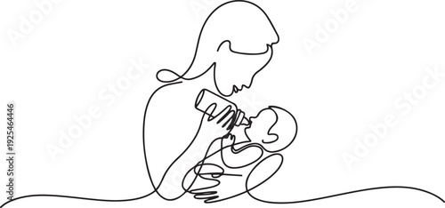 One line continuous of a mother gives milk to her baby using a pacifier. Minimalist style. one line Icon drawing