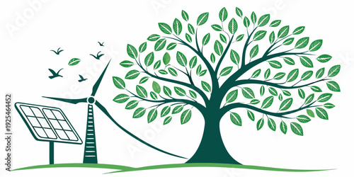 Harmony of nature and renewable energy symbolized by a tree and solar panels