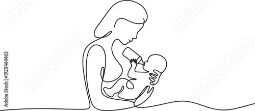 One line continuous of a mother gives milk to her baby using a pacifier. Minimalist style. one line Icon drawing