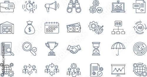 Business Strategy and Financial Management Line Icon Set with Analytics, Growth, Investment, Teamwork, and Optimization Symbols