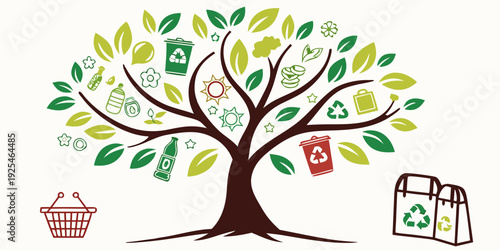 Sustainable living and eco-friendly practices illustrated by a tree of symbols