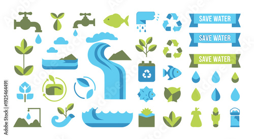 Save water icons with clean energy symbols and nature elements