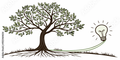 A tree with a light bulb symbolizing an idea or innovation growing from its roots.