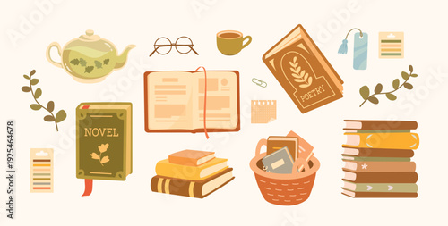 Cozy collection of stacks of books, poetry, novels, basket of books, green tea pot, botanical elements. For bookstores, stickers, World Book Day, book clubs.