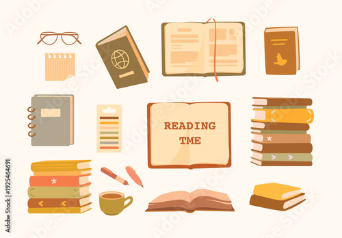 Cozy collection of stacks of books, stickers, glasses, coffee. For bookstores, stickers, World Book Day, book club