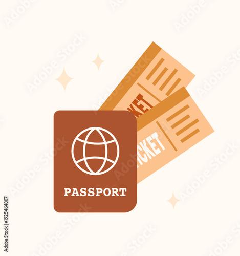 Cute vintage passport illustration with tickets inside in warm brown retro colours. Perfect for planners, stickers, prints. Travel concept.