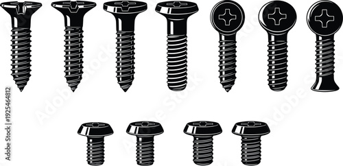 Screw and bolt silhouette collection, metal hardware fastener icons, industrial construction equipment vector, steel wood thread tools, repair DIY, black white