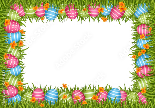 A vibrant easter frame surrounded by colorful eggs and lush greenery. isolated on transparent background easter egg, png