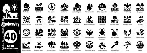 Agroforestry glyph solid icons set. Sustainable agriculture solutions vector illustration.