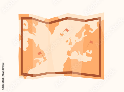 Cute vintage illustration of a folded tourist map in warm brown retro colours. Perfect for planners, stickers, prints. Travel concept.