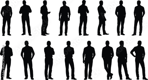 Male people silhouettes collection, casual standing and posing men figures, black human icons set for lifestyle, infographic, vector design