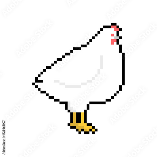 Pixel art white hen. Retro 8-bit game style farm animal icon. Simple flat vector of a chicken isolated on white background.