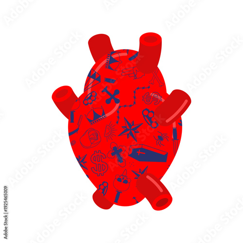 Anatomical human heart covered in vintage dark tattoos. Creative medical art, surreal anatomical concept and symbolic illustration of love. Flat vector isolated on white.