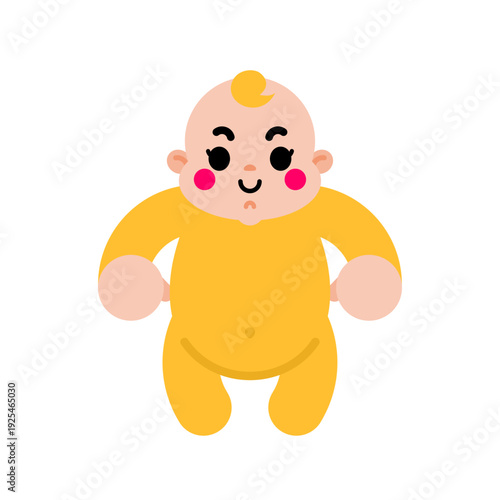 Cute baby boy wearing a yellow romper. Childhood, parenting and growth concept. Flat vector illustration of a happy infant isolated on white background.