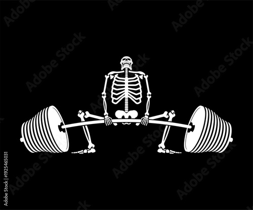 Skeleton lifting a heavy barbell. Funny bodybuilding, fitness and gym concept for Halloween or workout motivation. White silhouette on black background vector.