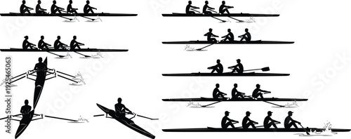 Rowing team silhouettes vector illustration set, athletes in racing boats, water sport competition concept, black design isolated on white background