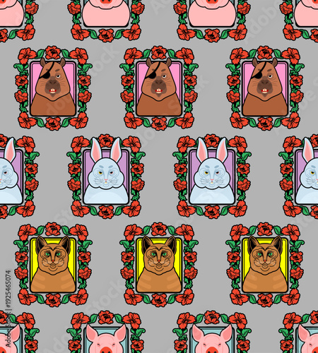 Seamless pattern with animals in vintage floral frames on grey. Portraits of pig, capybara and rabbit. Folk art style nursery wallpaper vector illustration.