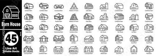 Barn house line art icon set architectural vector illustration.