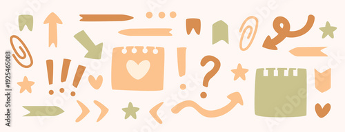 Cute set for planners with stickers, arrows, bookmarks, question marks, and exclamation marks in warm pastel colours. Perfect for planners, journals, and presentations.