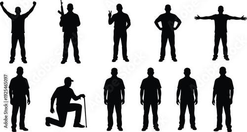 Male silhouettes collection, standing and expressive body poses, black human figures set for action, communication, infographic, vector design