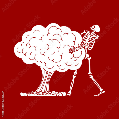White silhouette of a skeleton standing next to a nuclear mushroom cloud explosion. Concept of war, death and apocalypse. Flat vector illustration on red background.