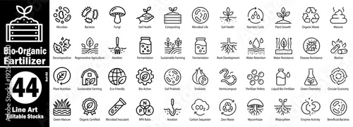 Bio-organic Fertilizer line art vector icons set. Soil elements vector illustration.