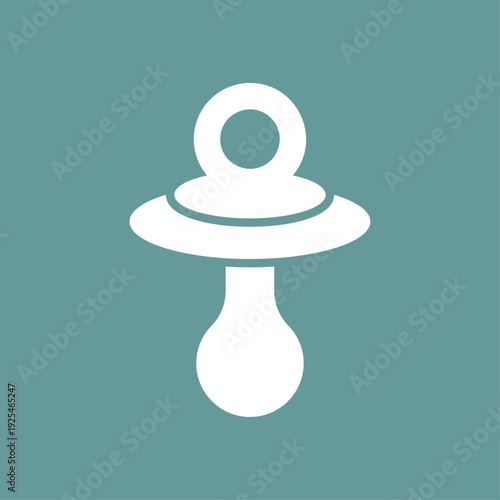 Minimalist icon of a white baby pacifier on a teal-grey background. Concept of newborn, childhood, and parenting. Flat vector illustration.