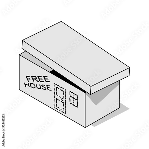 Shoebox house with Free House text. Metaphor for expensive real estate market and housing crisis. Isometric flat vector illustration isolated on white.