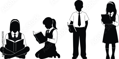 School children reading books silhouette vector illustration, students studying, education concept, black and white design, academic learning isolated on white background