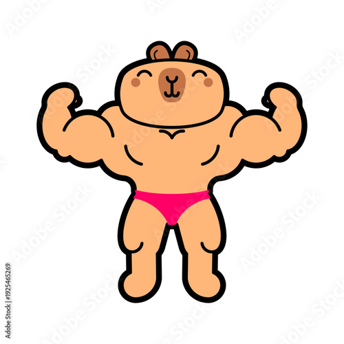 Cute and strong muscular capybara bodybuilder showing biceps in pink swimwear. Funny fitness and bodybuilding concept. Flat vector illustration isolated on white.