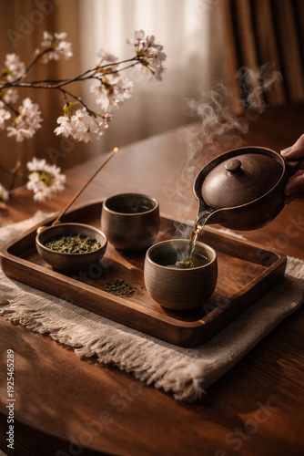 Japanese Tea Ceremony Pouring Green Tea – Zen Ritual Still Life (Generative AI)