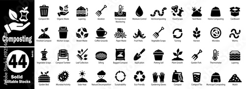 Solid composting icons set. Waste recycling and garden fertility vector illustration.