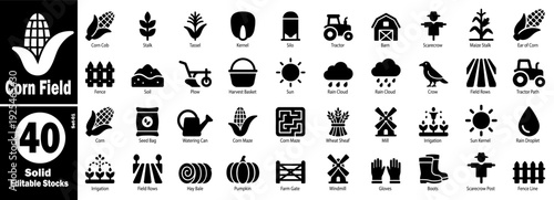 Corn field and agriculture icons set. Farming and harvest themes vector illustration.