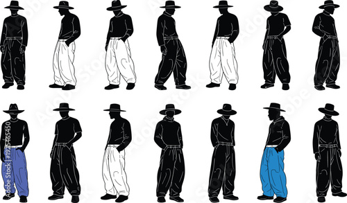 Men fashion silhouettes collection, stylish male characters in hats and loose pants, modern streetwear lifestyle illustration isolated on white background