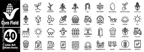 Corn production line art icons. Harvesting and industrial farm vector illustration.