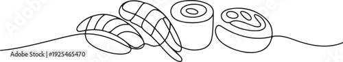 Sushi one continuous line design. Restaurant food menu design concept. one line Icon drawing